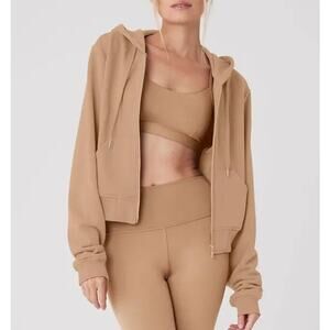 Alo Routine Full Zip Cropped Hoodie Sweatshirt Toasted Almond Brown XS